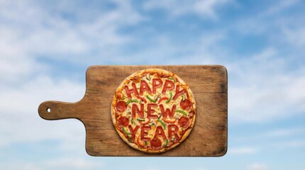 Fototapeta premium sky happy new year pizza on wooden board with copy space stock photo background ready for text or design overlay