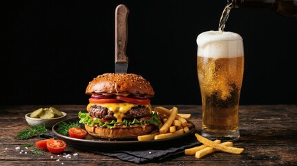 Burger Feast Beer Pour with Juicy Stack, Wooden Table, and Black Backdrop.