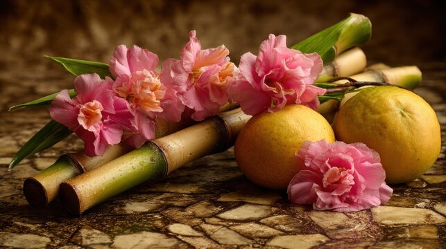 Still life arrangement features pink blossoms, citrus fruits, and cut stalks of the sweet grass against a textured surface.