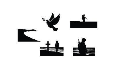 Fototapeta premium War and peace silhouette illustrations of soldiers doves and graves vector line art