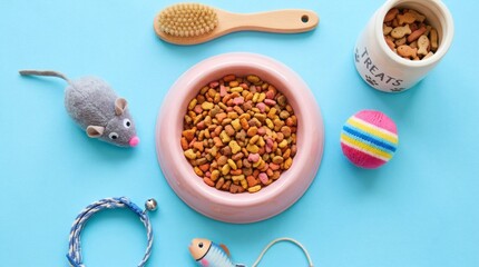 Pets Delight Food bowl with toys, and and treats arranged on a blue surface.