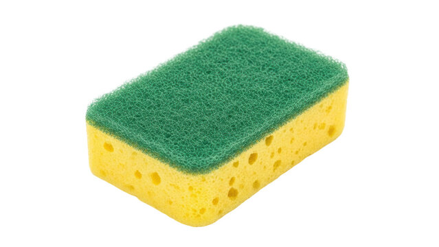 Isolated green and yellow dishwashing sponge for household cleaning, hygiene, and sanitation