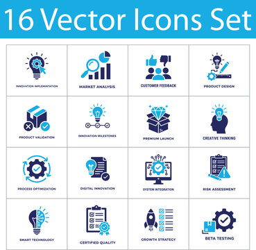 Innovation implementation solid icons set. Market analysis, product design, beta testing, risk assessment, digital innovation. Product development solid icons collection.