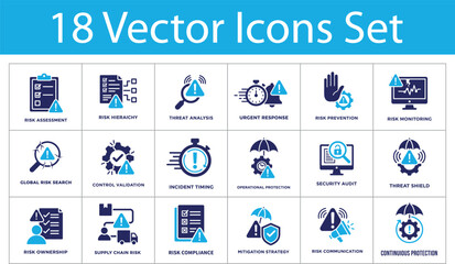 Obraz premium Risk management web icon set in solid style. Collection of security, solid icons, including threat analysis, urgent response, supply chain risk, mitigation strategy and more.
