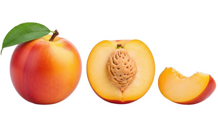 Isolated group of fresh peaches whole, halved, and sliced showing stone, juicy fruit