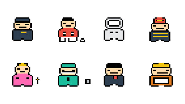 Pixel art vector icon set featuring diverse professional character avatars like police officer, doctor, astronaut, fireman, chef, and builder. Retro 8-bit game assets for user interface design.