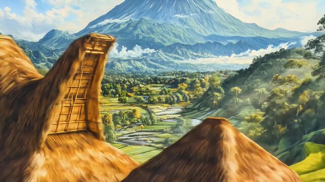 Thatched roof overlooks idyllic landscape with volcano, fields, village