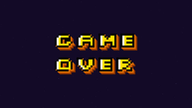 Retro pixel art game over text vector screen. 8-bit arcade gaming design on dark purple bg. Vintage console video game font for gamer UI. Classic gold pixelated lettering for play and win apps.