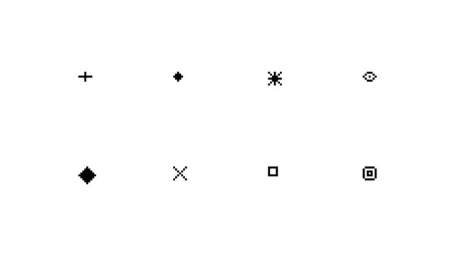 Set of minimalist black and white pixel art vector icons featuring diamond, cross, star and square shapes for retro 8-bit game UI design, digital interface assets, and pixelated web decoration.