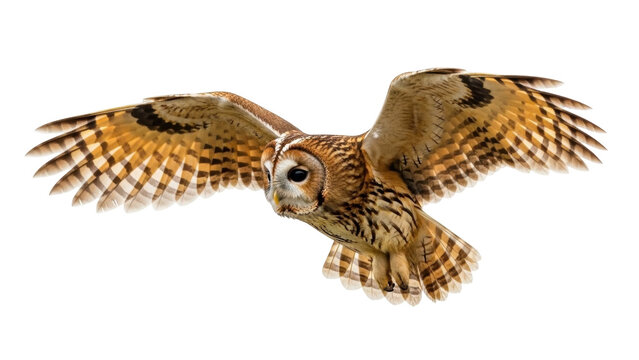 Isolated owl in flight spreads its wings and shows its claws while hunting for prey