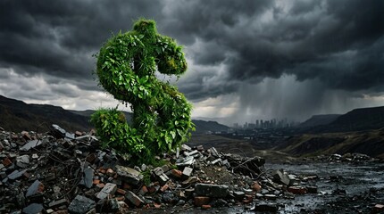 Green Growth Dollar Sign Thrives in Desolate Landscape Under Stormy Skies.