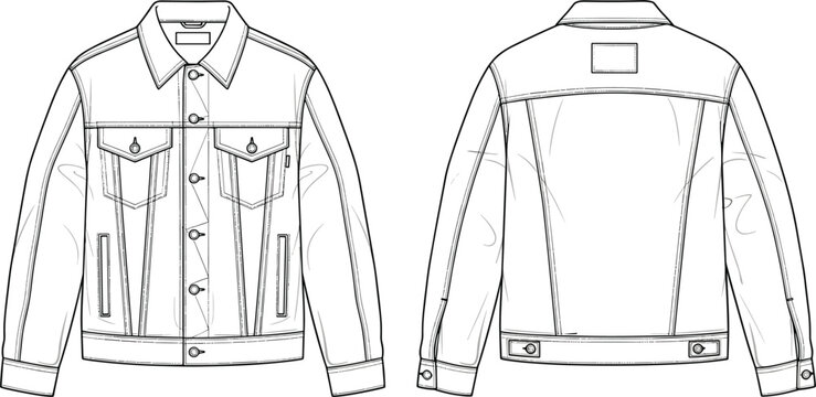 Fashion technical sketch of a classic denim trucker jacket vector template featuring front and back views with button pockets and seams.