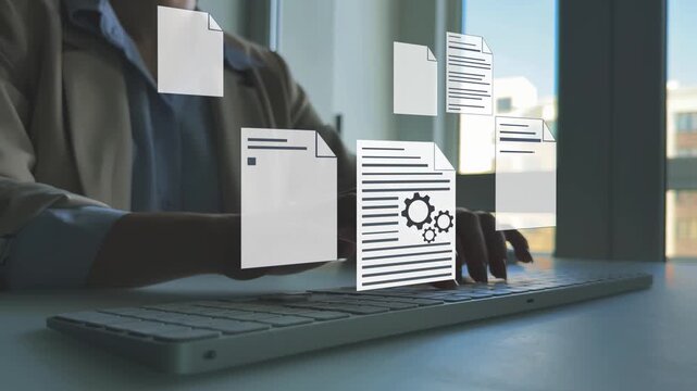 Business person checking digital documents on laptop with checklist approval icon, verification, workflow control, productivity and online document management.	
