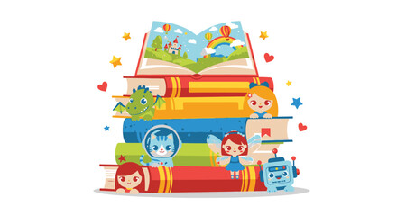 Colorful Stack of Childrens Books Illustration.