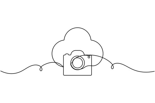 Camera with cloud sign icon continuous one line art single drawing on white background minimal photo backup storage line symbol outline vector illustration