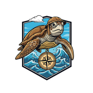 Sea turtle with compass over ocean waves shield