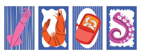 Retro style seafood banner and poster set with squid, shrimp, canned crab meat and octopus for Italian seafood restaurant branding and marketing materials © Anastasiia Bublyk