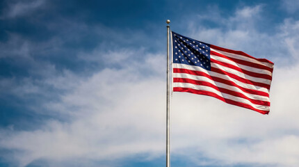 Fototapeta premium USA flag flutters under blue skies, created AI
