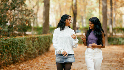 Fototapeta premium Two smiling indian women friends enjoying a casual conversation outdoors in a park during autumn, showing friendship and happiness