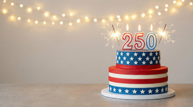 Cake with red, white, blue design, 250  sparks, created AI