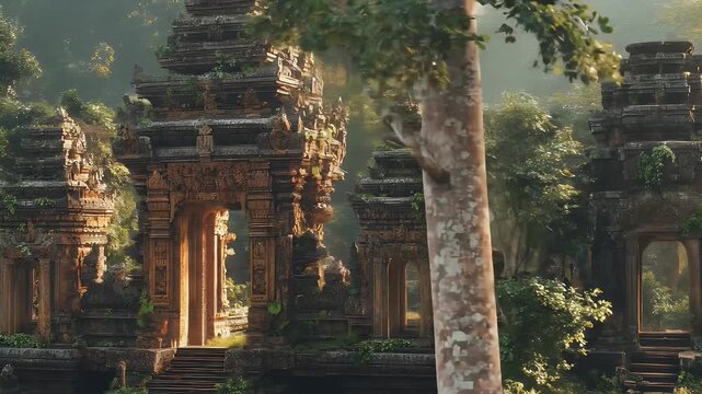 Ancient stone temple gates, overgrown with plants in a hazy forest