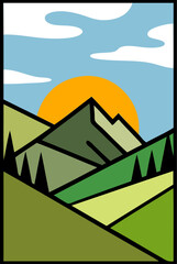 Dibujo sencillo con líneas y marco de un paisaje con montaña, prados de hierba con árboles y un fondo de cielo con sol y nubes © teracreonte