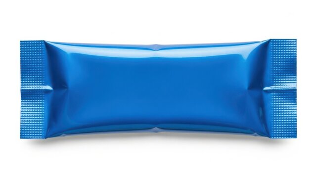 A shiny blue candy bar wrapper with a reflective surface and two blue stripes