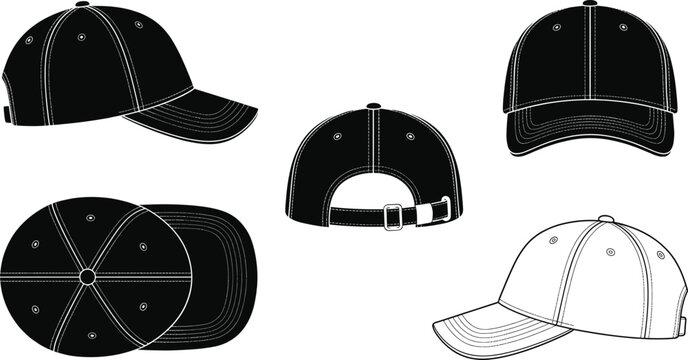 Baseball cap mockup set, blank snapback hat vector template front side top view