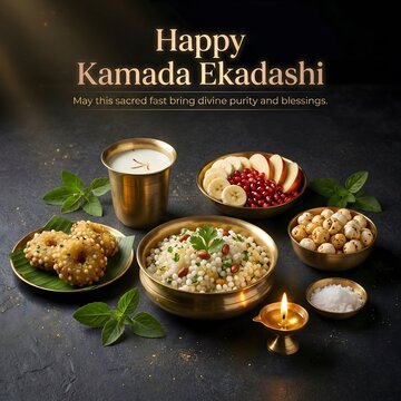 Kamada ekadashi hindu festival food arrangement with traditional dishes and drinks