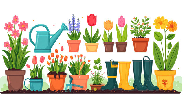 Spring gardening tools and flowers illustration set featuring watering cans, boots, gloves, pots, and blooming plants in colorful flat vector style