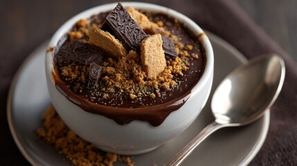 A chocolate pot layered with cookie crumbs for added texture and contrast