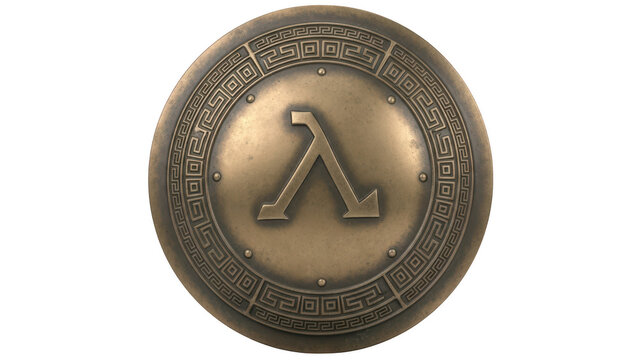 Ancient bronze shield with lambda symbol isolated on transparent background