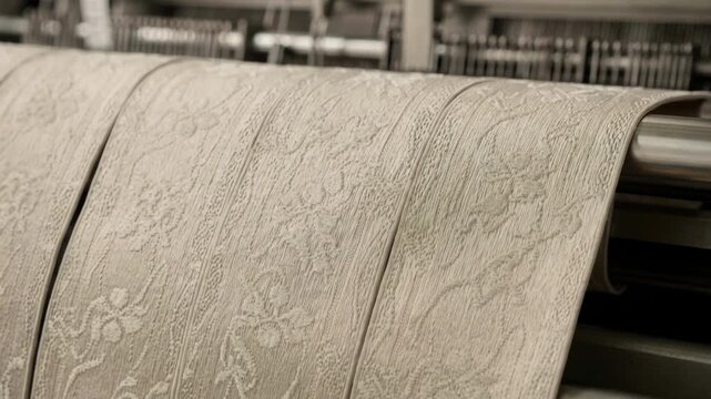 Medium shot of subtle textured jacquard elastic waistbands forming delicate embossed effects on a specialized loom emphasizing softness and refined fabric artistry.