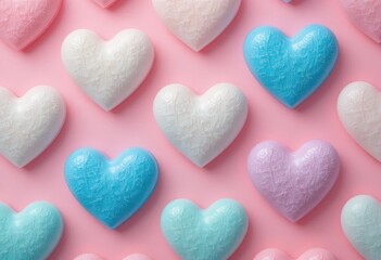 Obraz premium Formas de corazón pastel dispuestas en un patrón sin costuras sobre un suave fondo rosa
