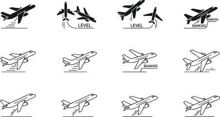 Airplane Flight Attitude Icon Set Featuring Climbing, Descending, Banking and Level Aircraft Positions in Outline Vector Style