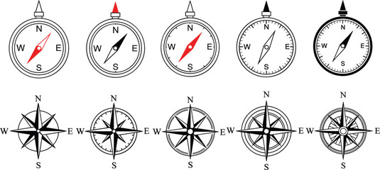 Compass and Wind Rose Icon Set Featuring Navigation Compass Needles with Cardinal Directions in Outline and Solid Vector Styles