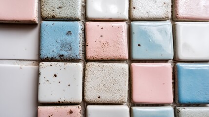 Fototapeta premium Close up view shows aged, stained small square ceramic tiles in pastel colors