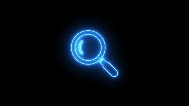 Futuristic blue neon search icon glowing on dark technology background