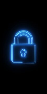 Safety, security, privacy, password icon. bright neon cyan color animation lock icon protection safety security privacy password closed animation sign symbol on black background.