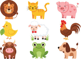 Cute Farm and Wild Animal Cartoon Set with Lion Cat Pig Chicken Sheep Cow Frog Dog Bird Vector Illustration Collection