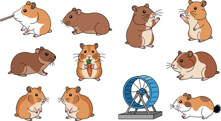 Cute Hamster Set with Different Poses, Running Wheel, Eating Carrot, Playing and Sitting Cartoon Rodent Collection Isolated on Background Vector Illustration