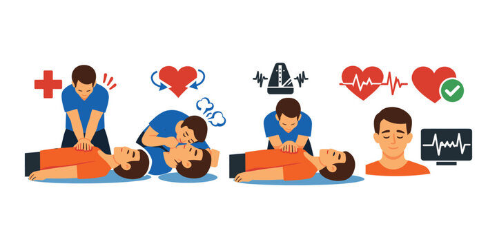 Person administering CPR steps including chest compressions, rescue breathing, using an automated external defibrillator, and recovery