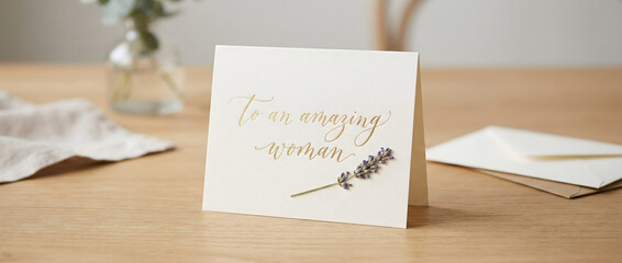 Minimalist greeting card with "To an amazing woman" gold calligraphy and dried lavender on a wooden table. Appreciation and Mother's Day concept.