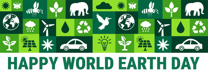 Happy World Earth Day background, banner or poster design template. Green Grid Graphic Featuring Sustainability Icons like Solar Panels, Wind Turbines, Electric Cars, Recycling Symbols, and Wildlife © Neelrong
