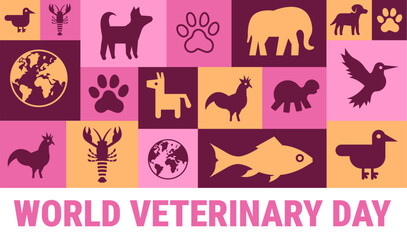 Naklejka premium Pink and Purple Grid Graphic with Icons of Domestic Pets, Farm Animals, Wildlife, and Global Maps to Celebrate Veterinary Professionals and Animal Health. World Veterinary Day background, banner