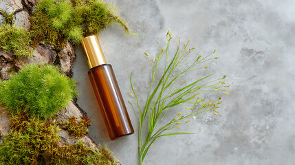 Fototapeta premium Natural cosmetic serum glass bottle with golden cap on green moss and concrete background. Eco skincare product and organic beauty concept. 