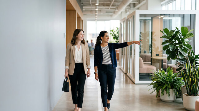 Two businesswomen walking through modern office hallway with plants during onboarding tour pointing direction and discussing teamwork collaboration and workplace design