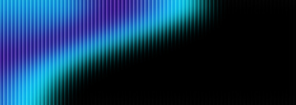 Abstract digital visualization features vertical cyan and indigo light bars gradually fading into a vast deep black void creating an elegant modern background design on white background