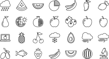 Fruit and Food Line Icon Set Featuring Watermelon, Banana, Apple, Pineapple, Cherry, Avocado and Weather Symbols in Outline Vector Style