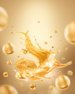 Gold serum or oil splash background for cosmetic product, 3D rendering